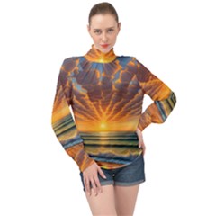 Waves At Sunset High Neck Long Sleeve Chiffon Top by GardenOfOphir