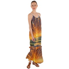 Waves At Sunset Cami Maxi Ruffle Chiffon Dress by GardenOfOphir