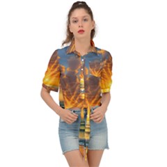 Waves At Sunset Tie Front Shirt  by GardenOfOphir