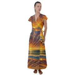 Waves At Sunset Flutter Sleeve Maxi Dress by GardenOfOphir