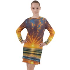 Waves At Sunset Long Sleeve Hoodie Dress by GardenOfOphir