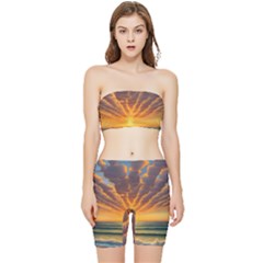 Waves At Sunset Stretch Shorts And Tube Top Set by GardenOfOphir