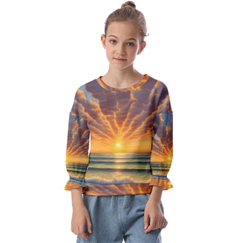 Waves At Sunset Kids  Cuff Sleeve Top by GardenOfOphir