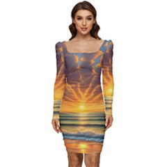 Waves At Sunset Women Long Sleeve Ruched Stretch Jersey Dress by GardenOfOphir