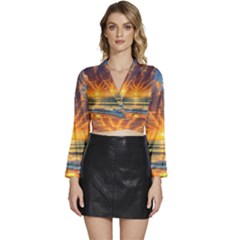 Waves At Sunset Long Sleeve Tie Back Satin Wrap Top