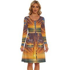 Waves At Sunset Long Sleeve Dress With Pocket by GardenOfOphir