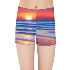 Golden Sunset Over Beach Kids  Sports Shorts by GardenOfOphir