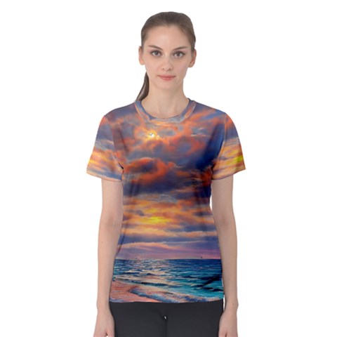 Serene Sunset Over Beach Women s Sport Mesh Tee by GardenOfOphir