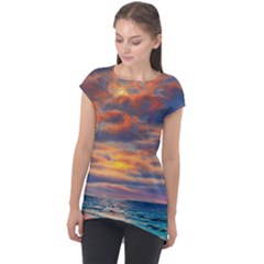 Serene Sunset Over Beach Cap Sleeve High Low Top by GardenOfOphir