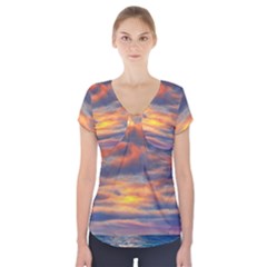 Serene Sunset Over Beach Short Sleeve Front Detail Top by GardenOfOphir