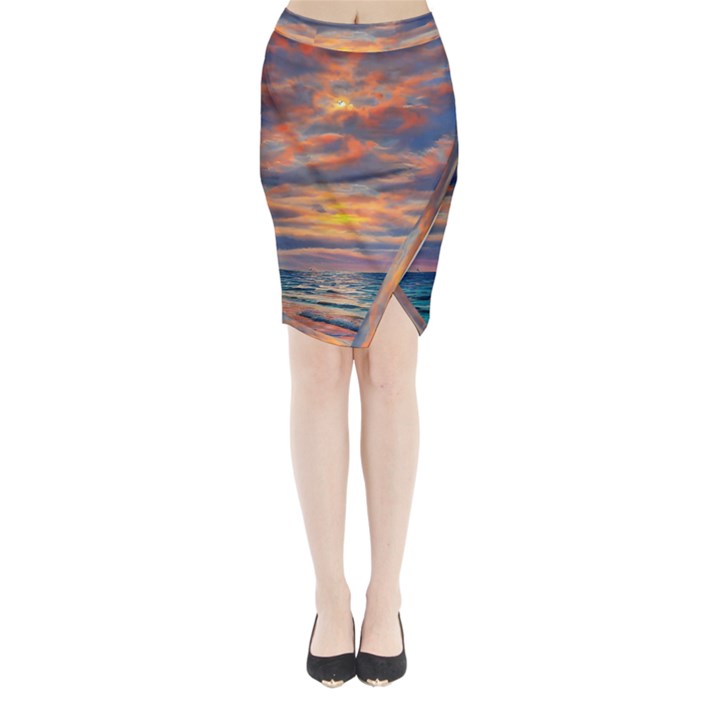 Serene Sunset Over Beach Midi Wrap Pencil Skirt