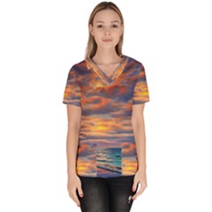 Serene Sunset Over Beach Women s V-neck Scrub Top by GardenOfOphir