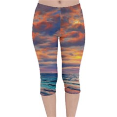 Serene Sunset Over Beach Velvet Capri Leggings  by GardenOfOphir