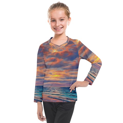 Serene Sunset Over Beach Kids  Long Mesh Tee by GardenOfOphir