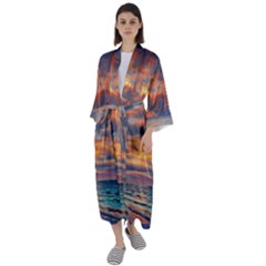 Serene Sunset Over Beach Maxi Satin Kimono by GardenOfOphir