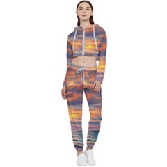 Serene Sunset Over Beach Cropped Zip Up Lounge Set by GardenOfOphir