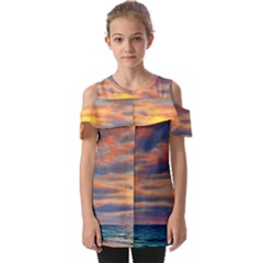 Serene Sunset Over Beach Fold Over Open Sleeve Top