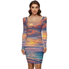 Serene Sunset Over Beach Women Long Sleeve Ruched Stretch Jersey Dress by GardenOfOphir