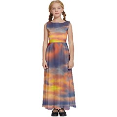 Serene Sunset Over Beach Kids  Satin Sleeveless Maxi Dress by GardenOfOphir