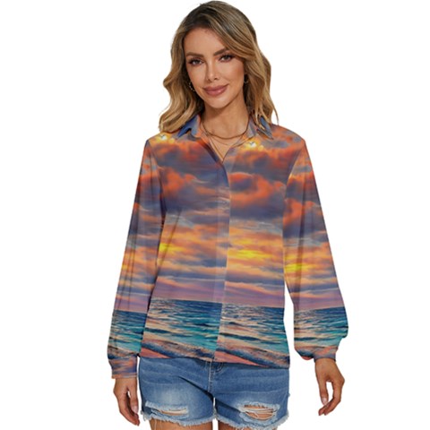 Serene Sunset Over Beach Women s Long Sleeve Button Down Shirt by GardenOfOphir