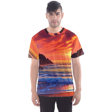 Reflecting Sunset Over Beach Men s Sport Mesh Tee by GardenOfOphir