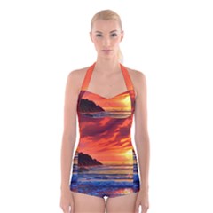 Reflecting Sunset Over Beach Boyleg Halter Swimsuit  by GardenOfOphir