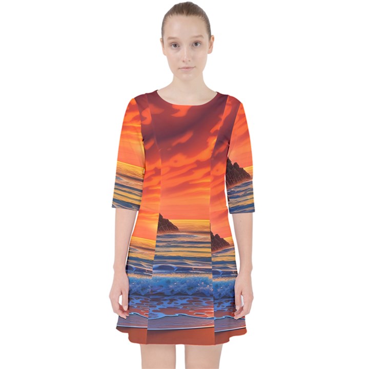 Reflecting Sunset Over Beach Quarter Sleeve Pocket Dress