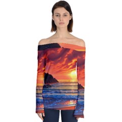 Reflecting Sunset Over Beach Off Shoulder Long Sleeve Top by GardenOfOphir