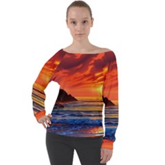 Reflecting Sunset Over Beach Off Shoulder Long Sleeve Velour Top by GardenOfOphir