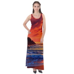 Reflecting Sunset Over Beach Sleeveless Velour Maxi Dress by GardenOfOphir