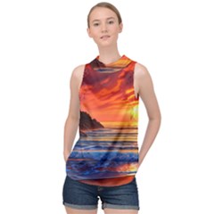 Reflecting Sunset Over Beach High Neck Satin Top by GardenOfOphir