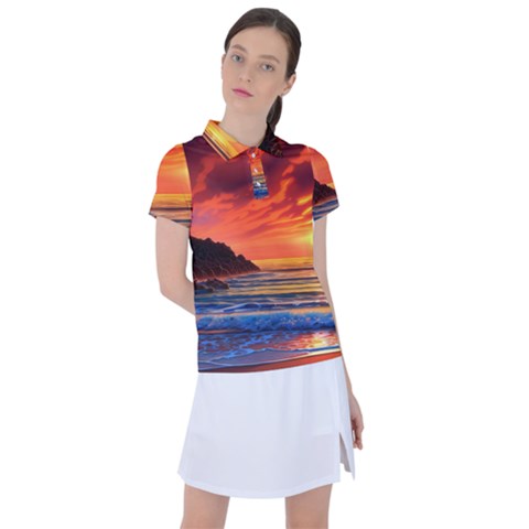 Reflecting Sunset Over Beach Women s Polo Tee by GardenOfOphir