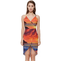 Reflecting Sunset Over Beach Wrap Frill Dress