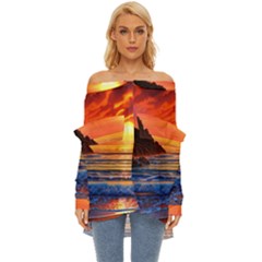 Reflecting Sunset Over Beach Off Shoulder Chiffon Pocket Shirt by GardenOfOphir