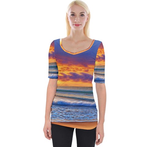 Summer Sunset Over The Ocean Wide Neckline Tee by GardenOfOphir