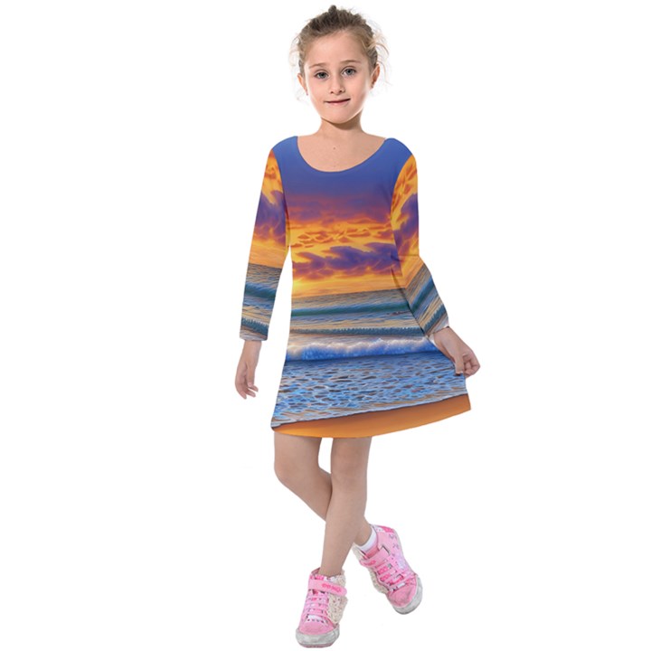 Summer Sunset Over The Ocean Kids  Long Sleeve Velvet Dress