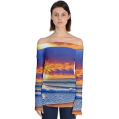 Summer Sunset Over The Ocean Off Shoulder Long Sleeve Top by GardenOfOphir