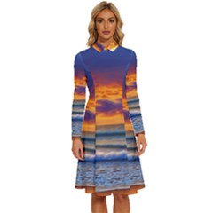 Summer Sunset Over The Ocean Long Sleeve Shirt Collar A-line Dress