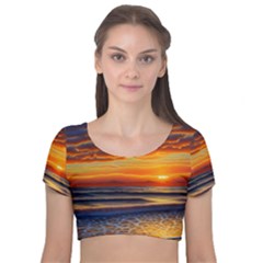 Nature s Sunset Over Beach Velvet Short Sleeve Crop Top  by GardenOfOphir