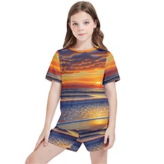 Nature s Sunset Over Beach Kids  Tee And Sports Shorts Set by GardenOfOphir