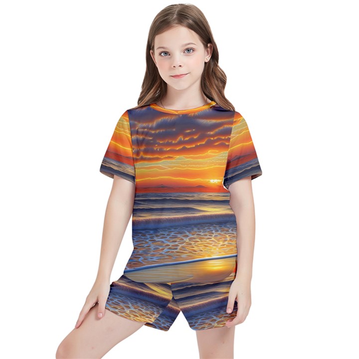 Nature s Sunset Over Beach Kids  Tee And Sports Shorts Set