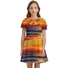 Nature s Sunset Over Beach Kids  Bow Tie Puff Sleeve Dress by GardenOfOphir