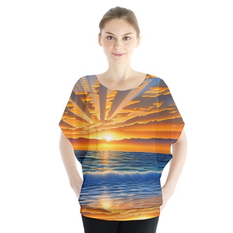 Sunset Scenic View Photography Batwing Chiffon Blouse by GardenOfOphir