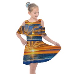 Sunset Scenic View Photography Kids  Shoulder Cutout Chiffon Dress by GardenOfOphir