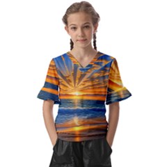 Sunset Scenic View Photography Kids  V-neck Horn Sleeve Blouse by GardenOfOphir