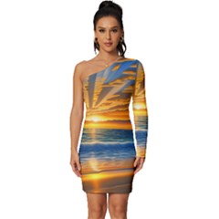 Sunset Scenic View Photography Long Sleeve One Shoulder Mini Dress by GardenOfOphir