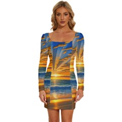 Sunset Scenic View Photography Long Sleeve Square Neck Bodycon Velvet Dress by GardenOfOphir