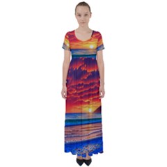 Sunset Over The Ocean High Waist Short Sleeve Maxi Dress by GardenOfOphir