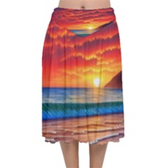 Sunset Over The Ocean Velvet Flared Midi Skirt by GardenOfOphir