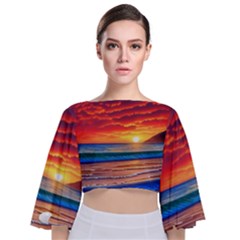 Sunset Over The Ocean Tie Back Butterfly Sleeve Chiffon Top